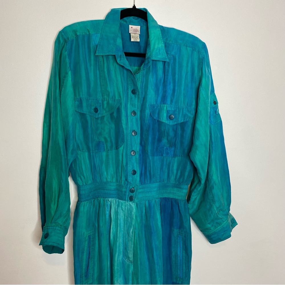 Vintage 90s Silk Watercolor Button Front Jumpsuit Coastal Boho Teal Blue - Picture 2 of 10